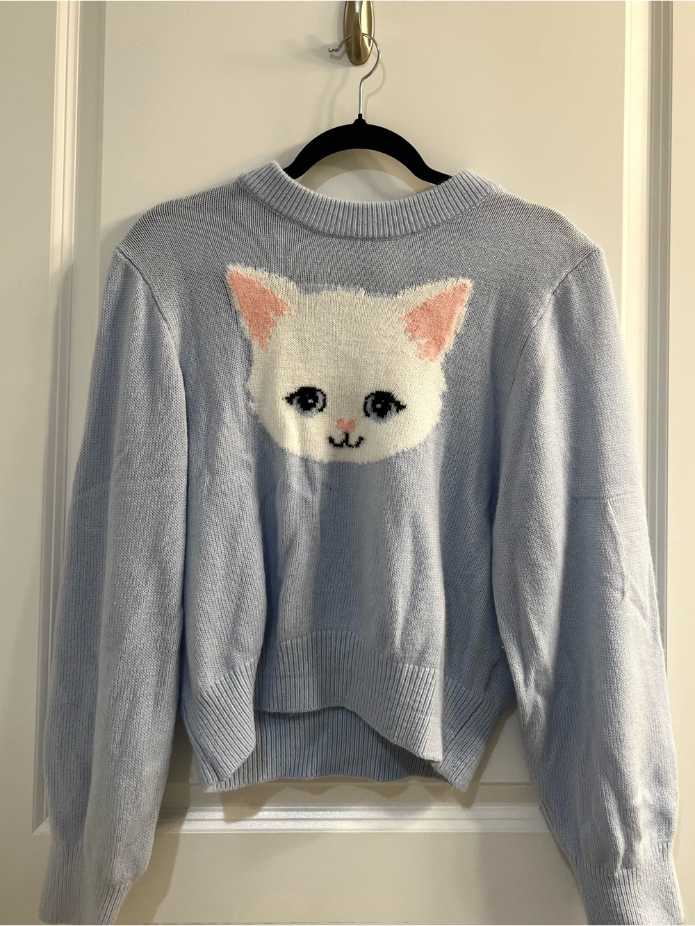 H&M Light Blue Sweater with White Cat Motif